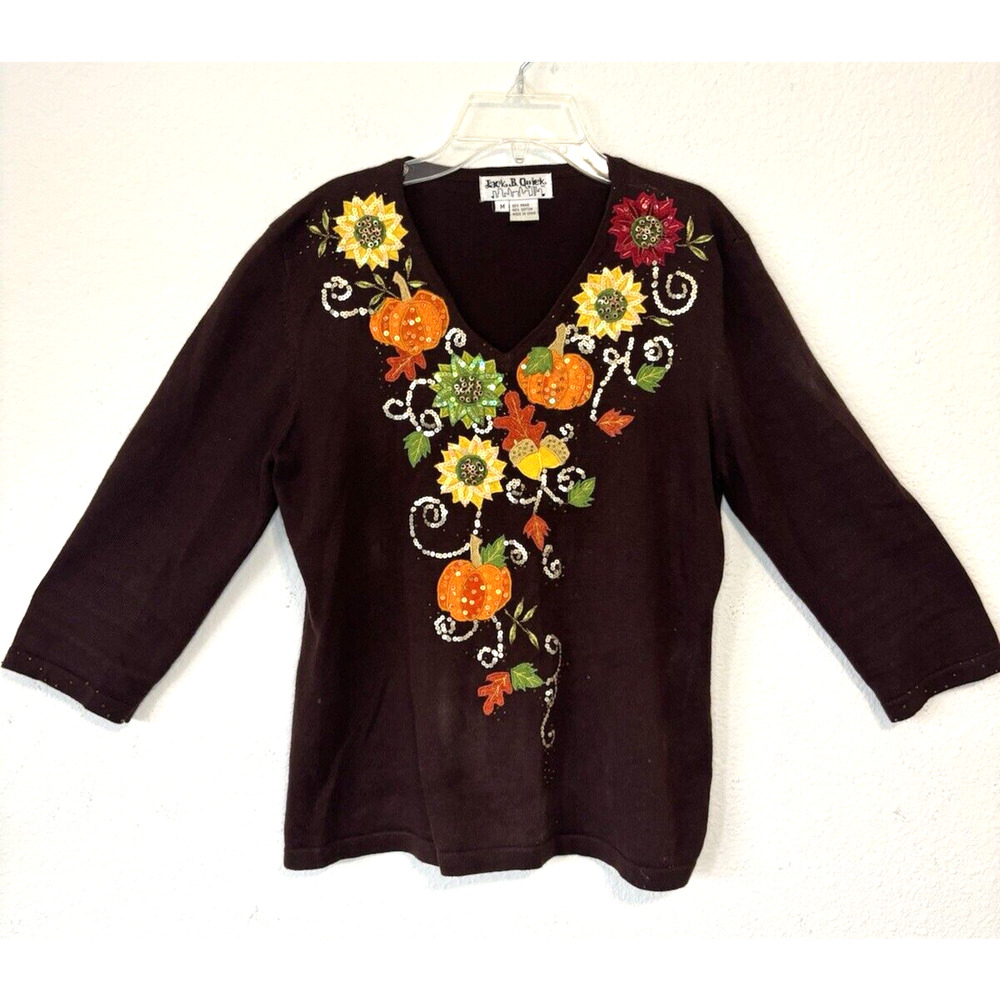 Vintage Jack B. Quick Fall Embroidered Sequin Top Pumpkins‎ Sunflowers Halloween